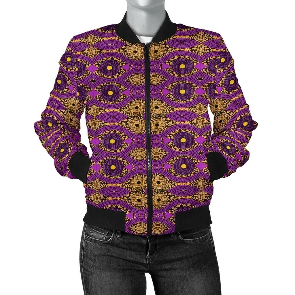 Africa Zone Jacket - Ankara Cloth - Violet Cowrie Bomber Women Jr Bomber Jacket Africa Zone Jacket - Ankara Cloth - Violet Cowrie Bomber Women Jr Bomber Jacket