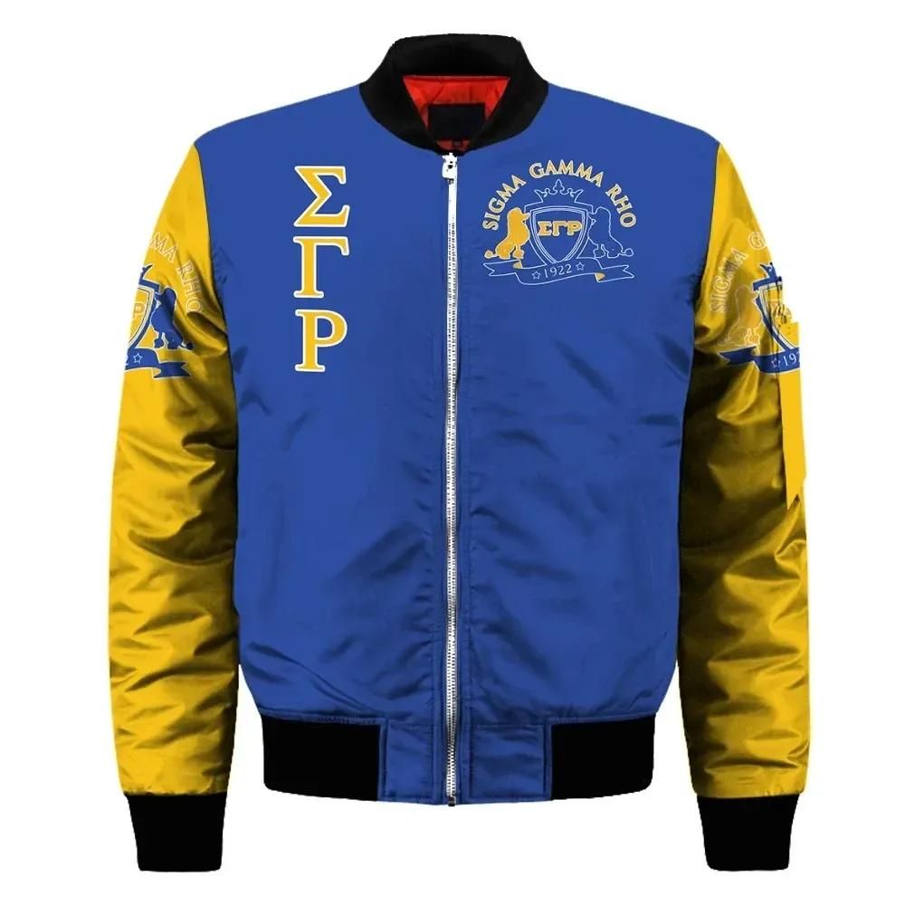 Africa Zone Jacket - Lux Sigma Gamma Rho Poodle Blue Yellow Sleeve Zip Bomber Jacket J5 Bomber Jacket Africa Zone Jacket - Lux Sigma Gamma Rho Poodle Blue Yellow Sleeve Zip Bomber Jacket J5 Bomber Jacket