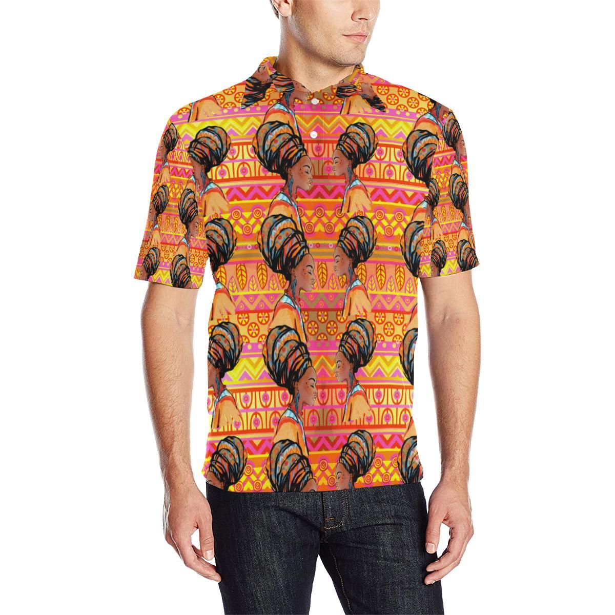 African Girl Aztec Men Polo Shirt African Girl Aztec Men Polo Shirt