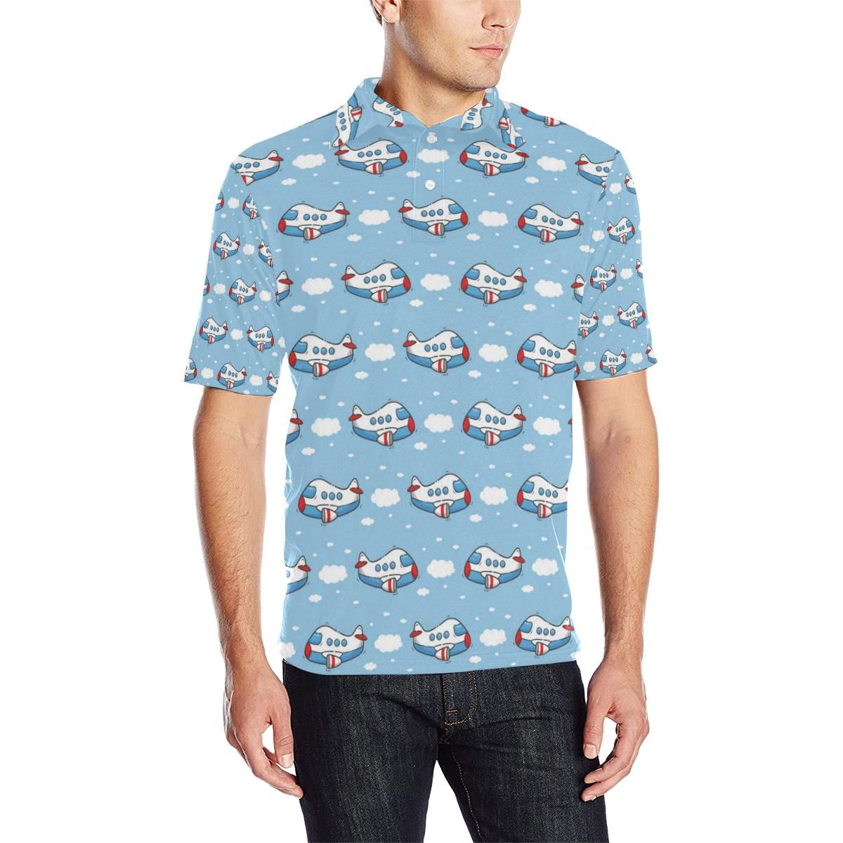 Airplane Cartoon Pattern Print Design 07 Men Polo Shirt Airplane Cartoon Pattern Print Design 07 Men Polo Shirt