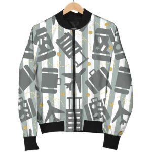 Airplane Luggage Pattern Print Women Casual Bomber Jacket