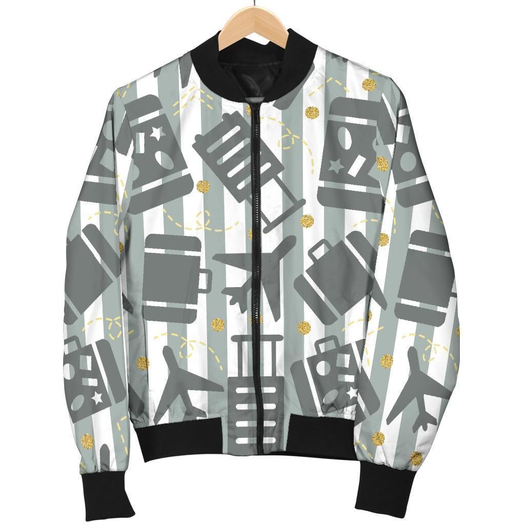 Airplane Luggage Pattern Print Women Casual Bomber Jacket Airplane Luggage Pattern Print Women Casual Bomber Jacket