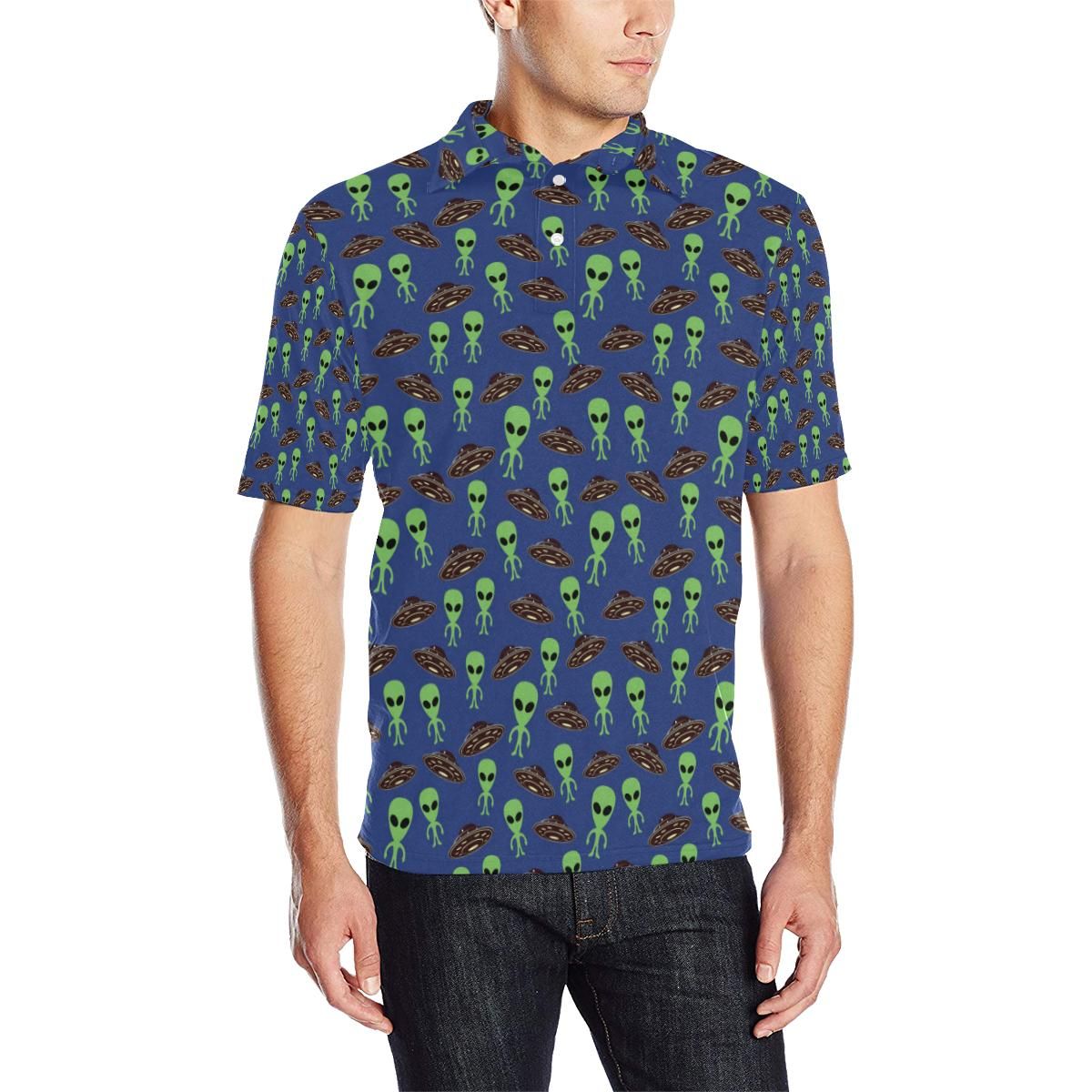Alien Green Ufo Pattern Men Polo Shirt Alien Green Ufo Pattern Men Polo Shirt