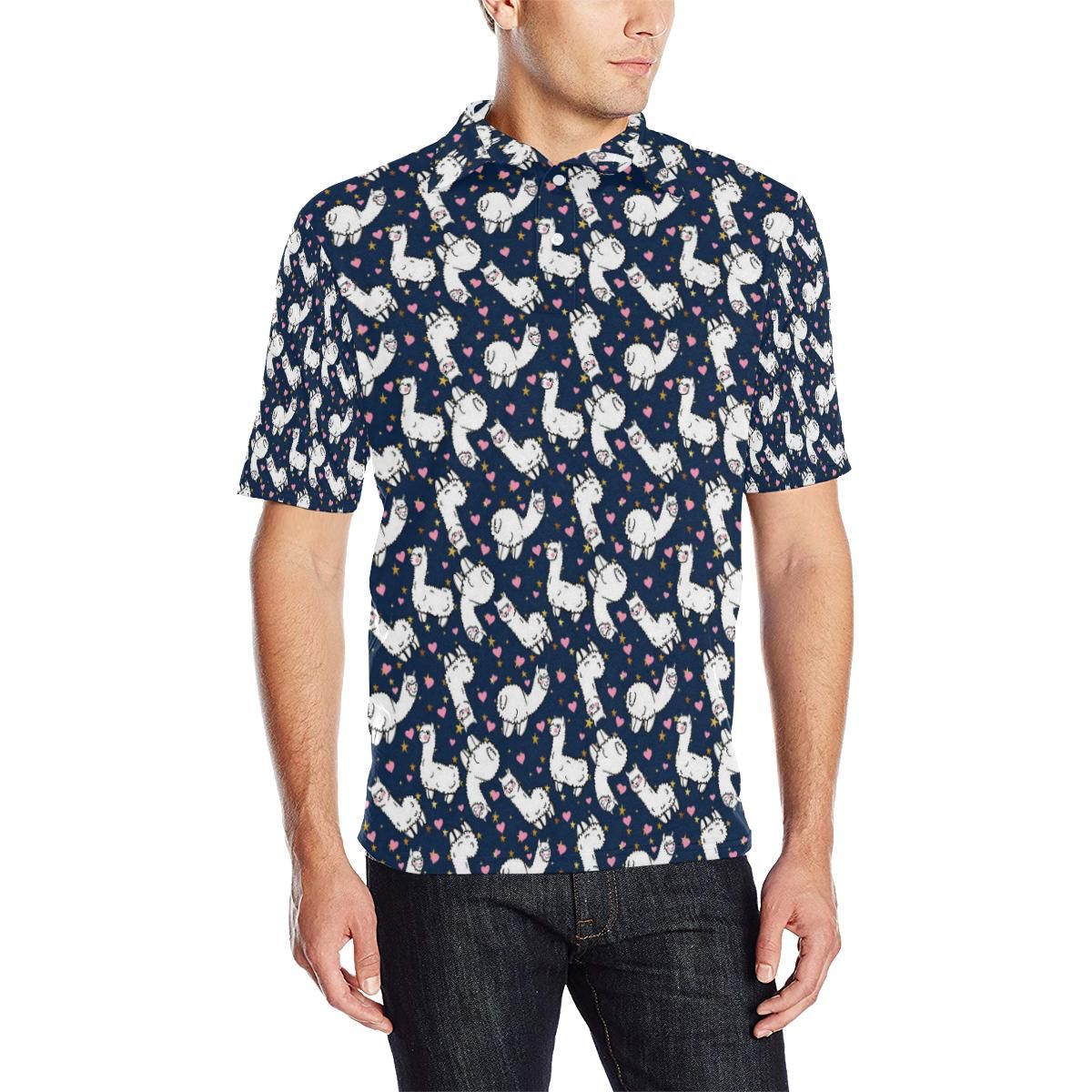 Alpaca Heart Star Design Themed Print Men Polo Shirt Alpaca Heart Star Design Themed Print Men Polo Shirt