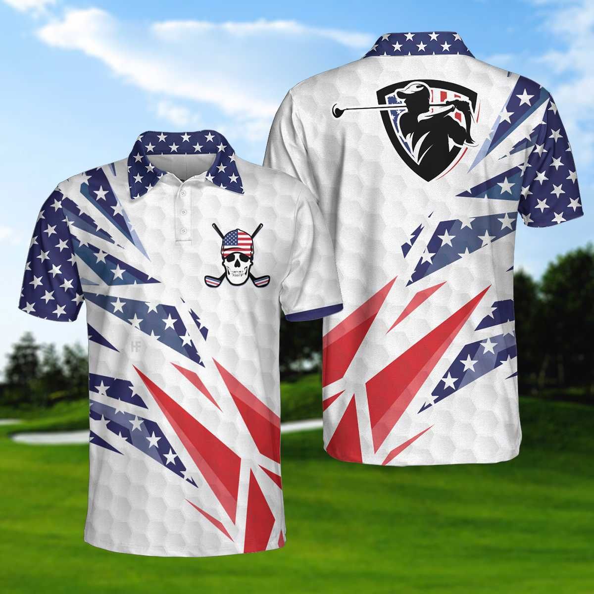 American Flag Golf Skull Polo Shirt American Flag Golf Skull Polo Shirt