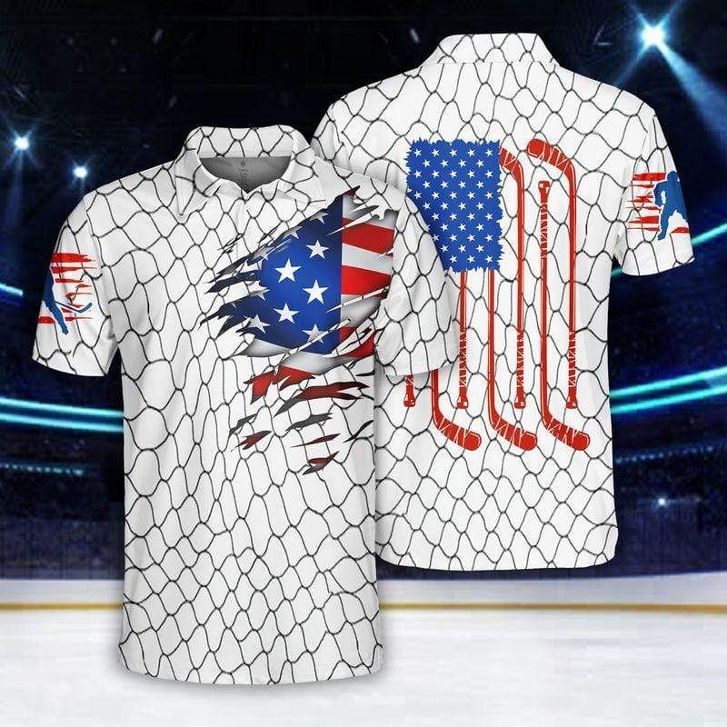 American Flag Hockey Net Pattern White Polo Shirt American Flag Hockey Net Pattern White Polo Shirt