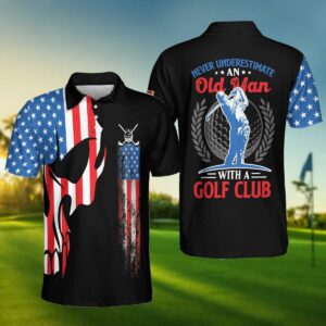 American Flag Skull Never Underestimate An Old Man With Golf Club Polo Shirt