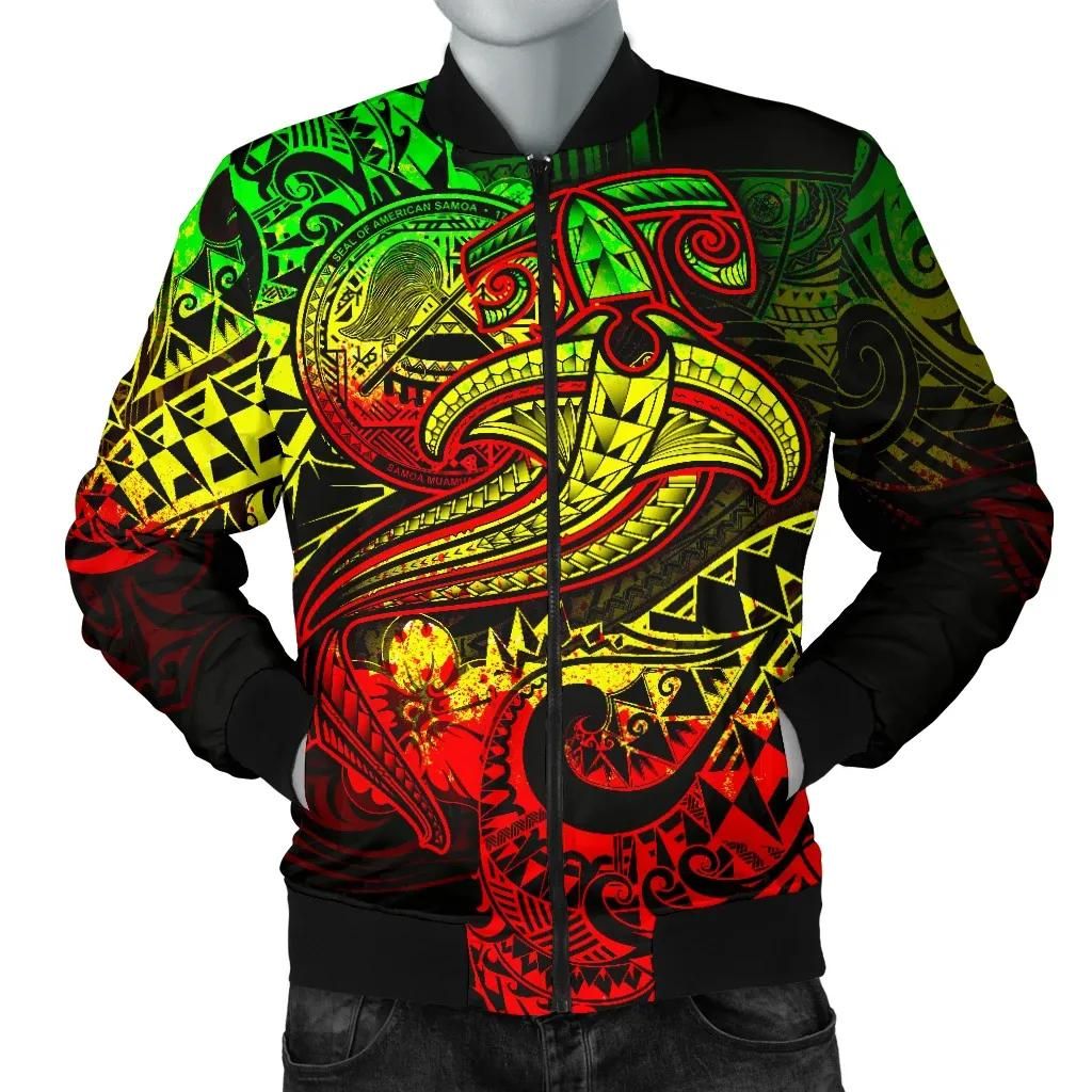 American Samoa Men's Bomber Jacket - Reggae Shark Polynesian Tattoo - BN18 Bomber Jacket American Samoa Men's Bomber Jacket - Reggae Shark Polynesian Tattoo - BN18 Bomber Jacket