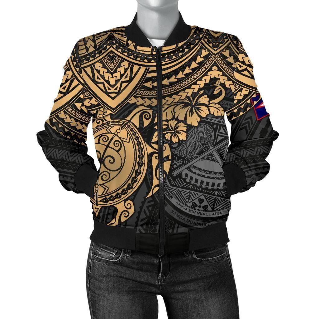 American Samoa Polynesian Bomber Jacket (Women) - Gold Turtle - BN1518 Bomber Jacket American Samoa Polynesian Bomber Jacket (Women) - Gold Turtle - BN1518 Bomber Jacket