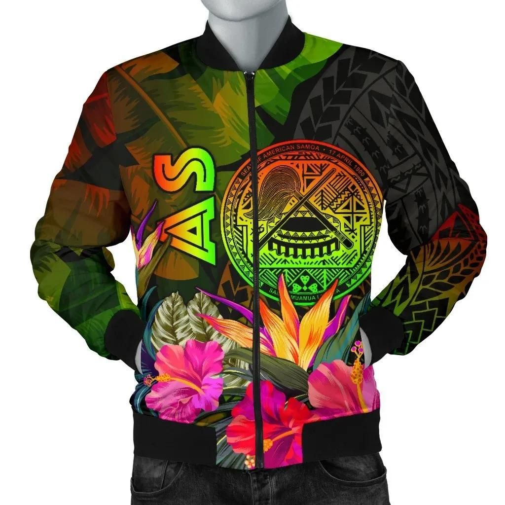 American Samoa Polynesian Men's Bomber Jacket - Hibiscus and Banana Leaves - BN15 Bomber Jacket American Samoa Polynesian Men's Bomber Jacket - Hibiscus and Banana Leaves - BN15 Bomber Jacket