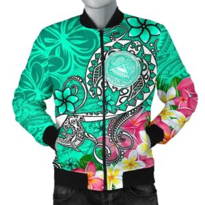 American Samoa Polynesian Men's Bomber Jacket - Turtle Plumeria (Turquoise) - BN18 Bomber Jacket