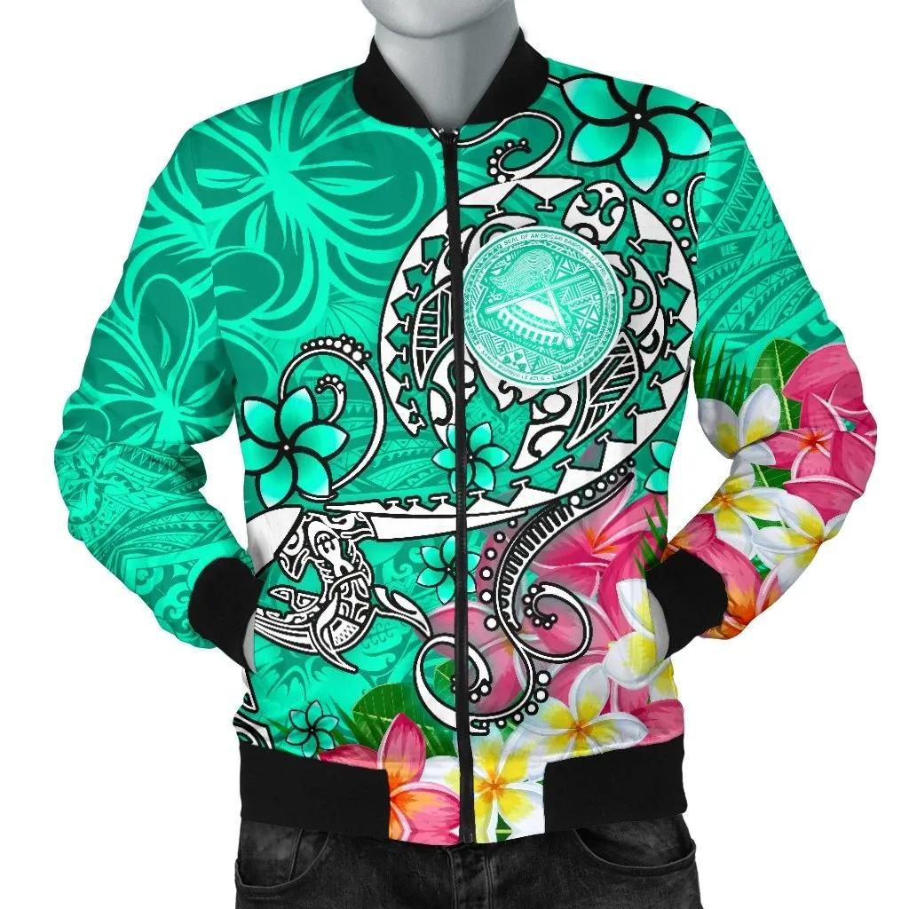 American Samoa Polynesian Men's Bomber Jacket - Turtle Plumeria (Turquoise) - BN18 Bomber Jacket American Samoa Polynesian Men's Bomber Jacket - Turtle Plumeria (Turquoise) - BN18 Bomber Jacket