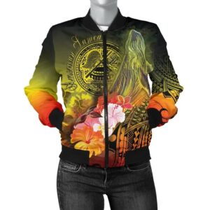 American Samoa Polynesian Women's Bomber Jacket - Humpback Whale with Tropical Flowers - BN18 Bomber Jacket