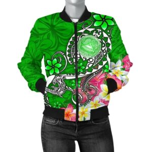 American Samoa Polynesian Women's Bomber Jacket - Turtle Plumeria (Green) - BN18 Bomber Jacket
