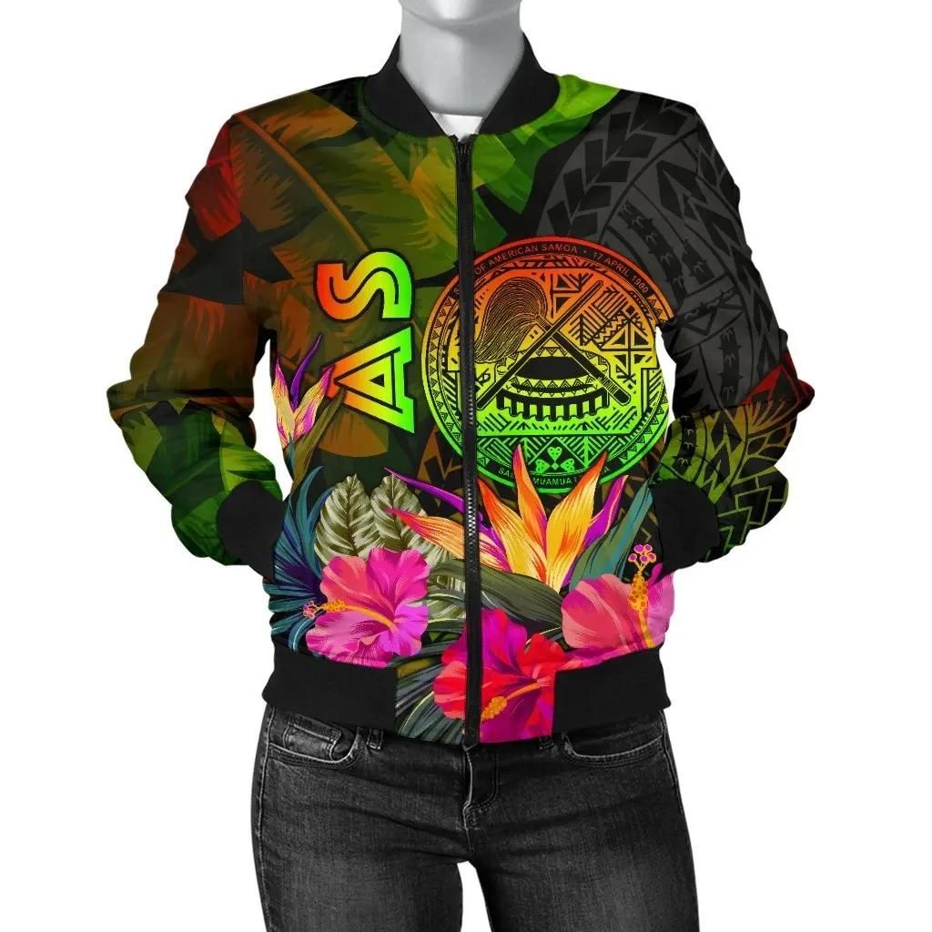 American Samoa Polynesian Women's Bomber jacket - Hibiscus and Banana Leaves - BN15 Bomber Jacket American Samoa Polynesian Women's Bomber jacket - Hibiscus and Banana Leaves - BN15 Bomber Jacket