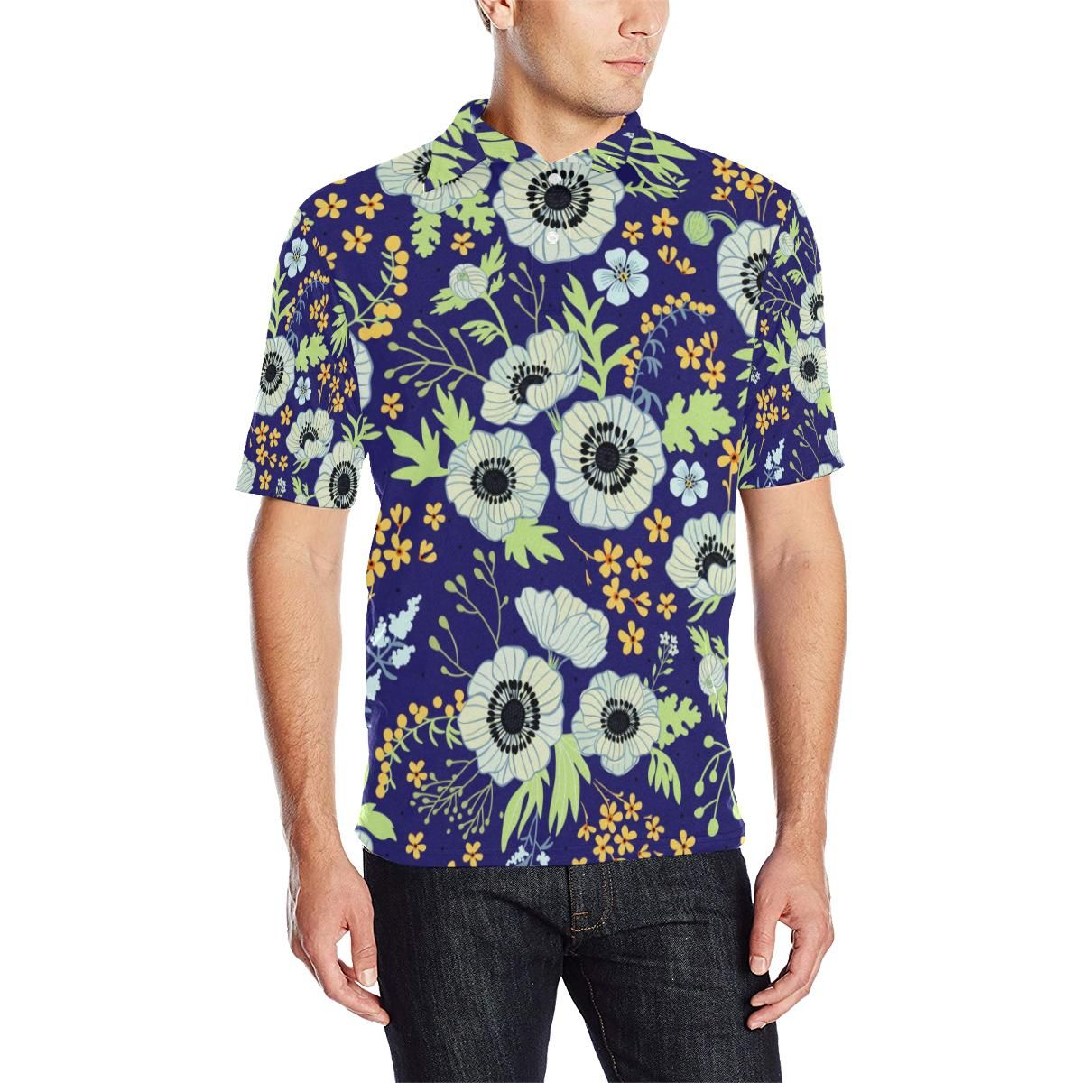 Anemone Pattern Print Design Am06 Men Polo Shirt Anemone Pattern Print Design Am06 Men Polo Shirt