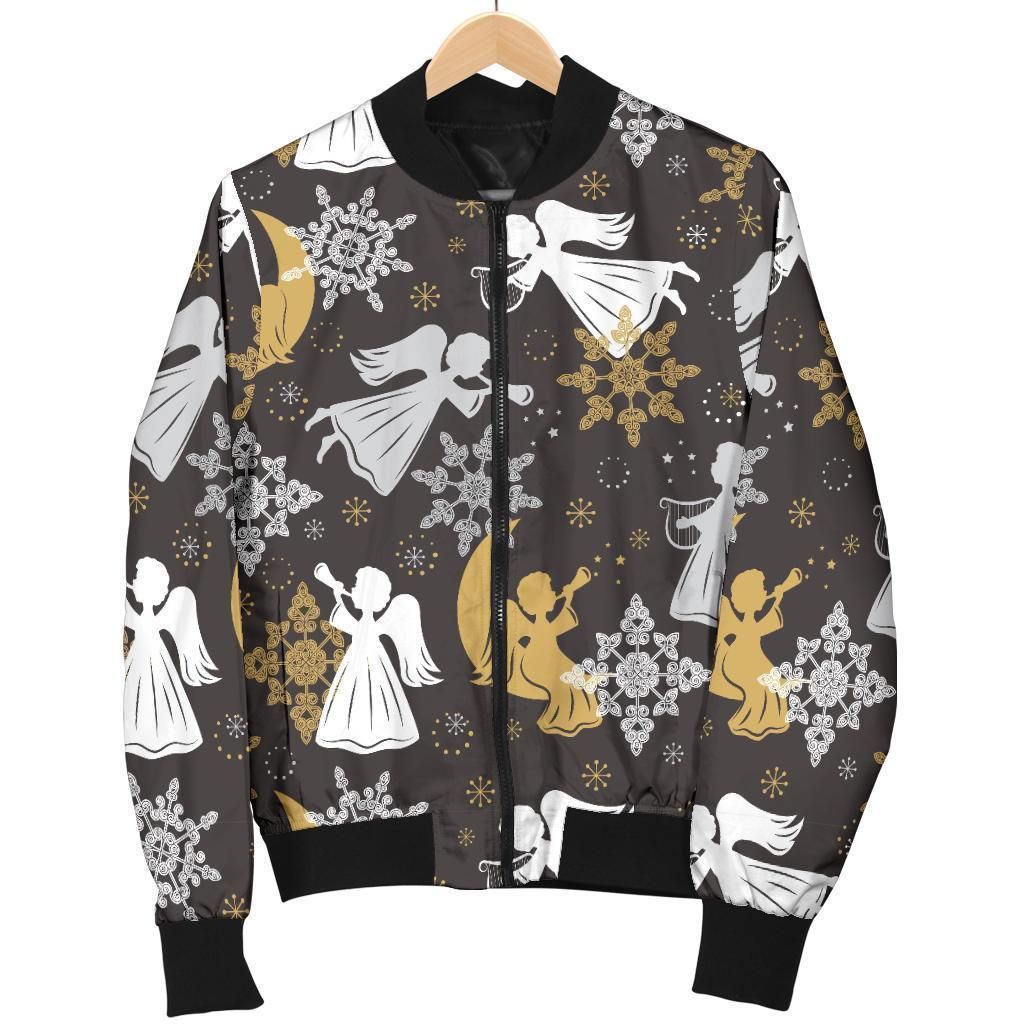 Angel Snowflake Print Pattern Women Casual Bomber Jacket Angel Snowflake Print Pattern Women Casual Bomber Jacket