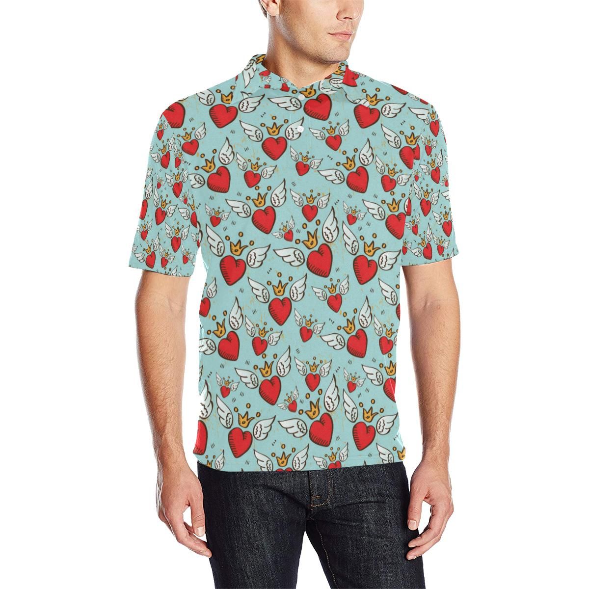 Angel Wings Heart Pattern Print Design 02 Men Polo Shirt Angel Wings Heart Pattern Print Design 02 Men Polo Shirt