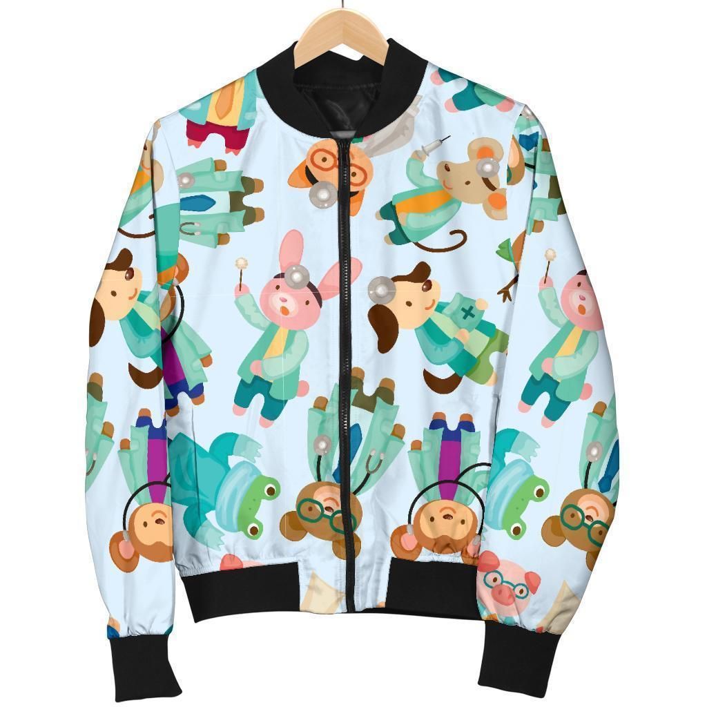 Animal Nurse Pattern Print Women Casual Bomber Jacket Animal Nurse Pattern Print Women Casual Bomber Jacket