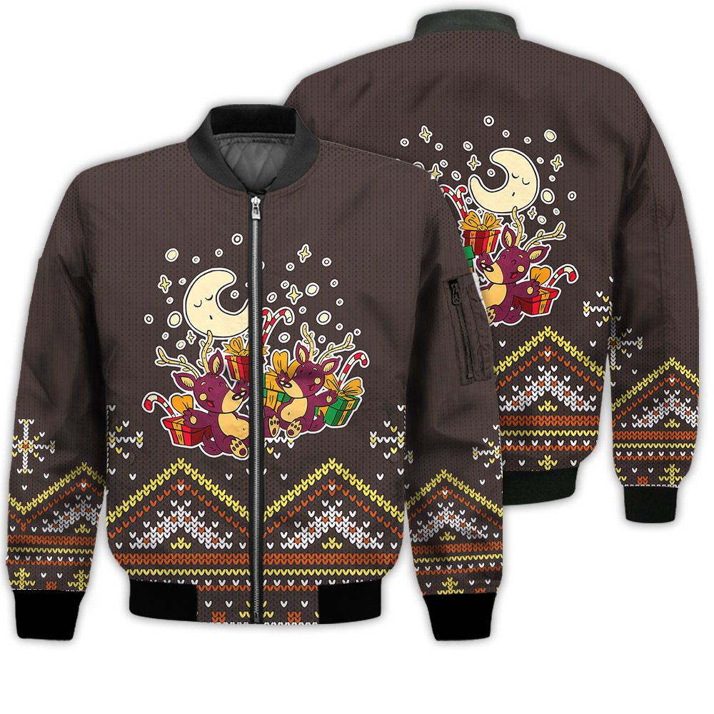 Animal Print Bomber Jacket - Cute Christmas Purple Reindeer Pattern Brown 3D Bomber Jacket - Gift For Christmas Animal Print Bomber Jacket - Cute Christmas Purple Reindeer Pattern Brown 3D Bomber Jacket - Gift For Christmas