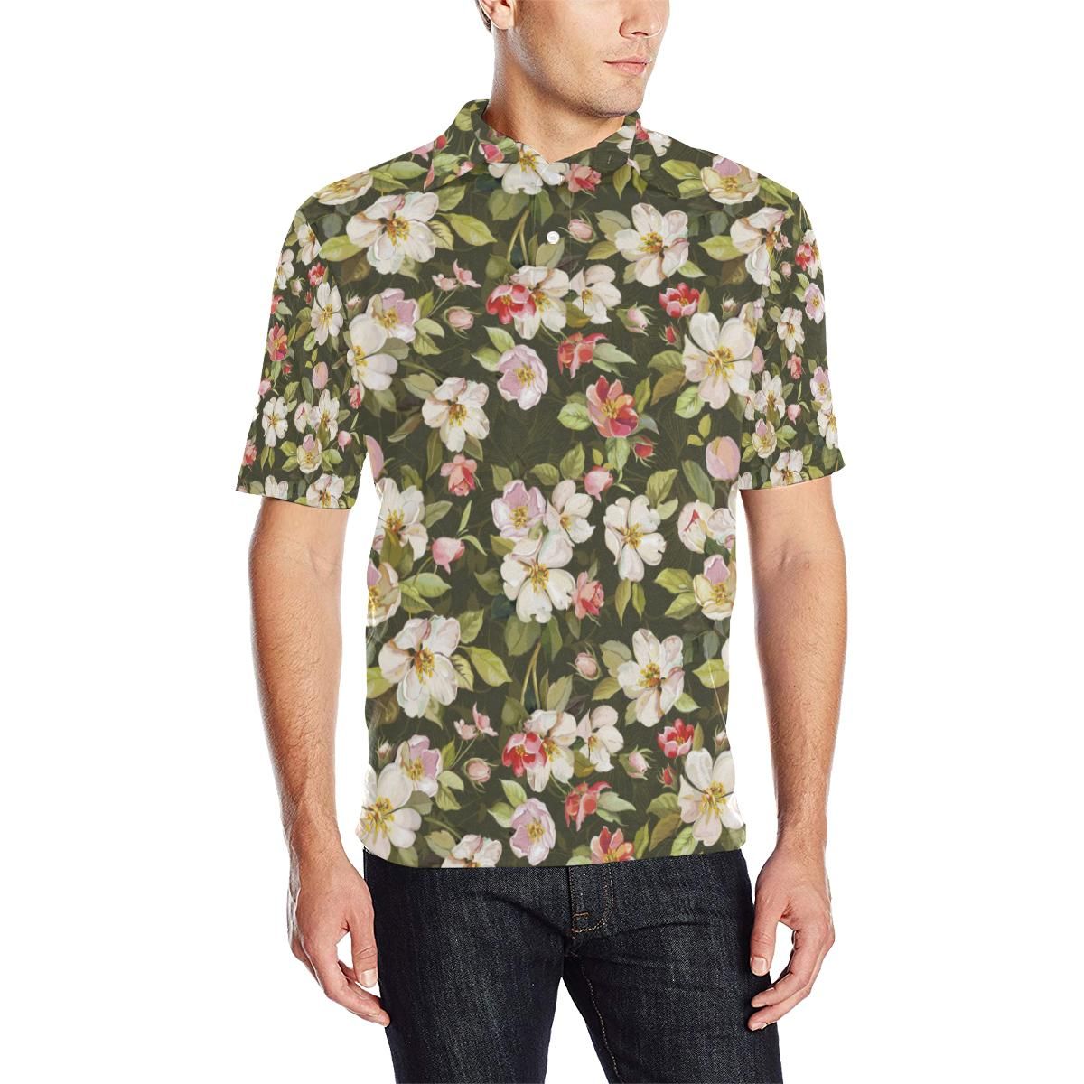 Apple Blossom Pattern Print Design Ab01 Men Polo Shirt Apple Blossom Pattern Print Design Ab01 Men Polo Shirt