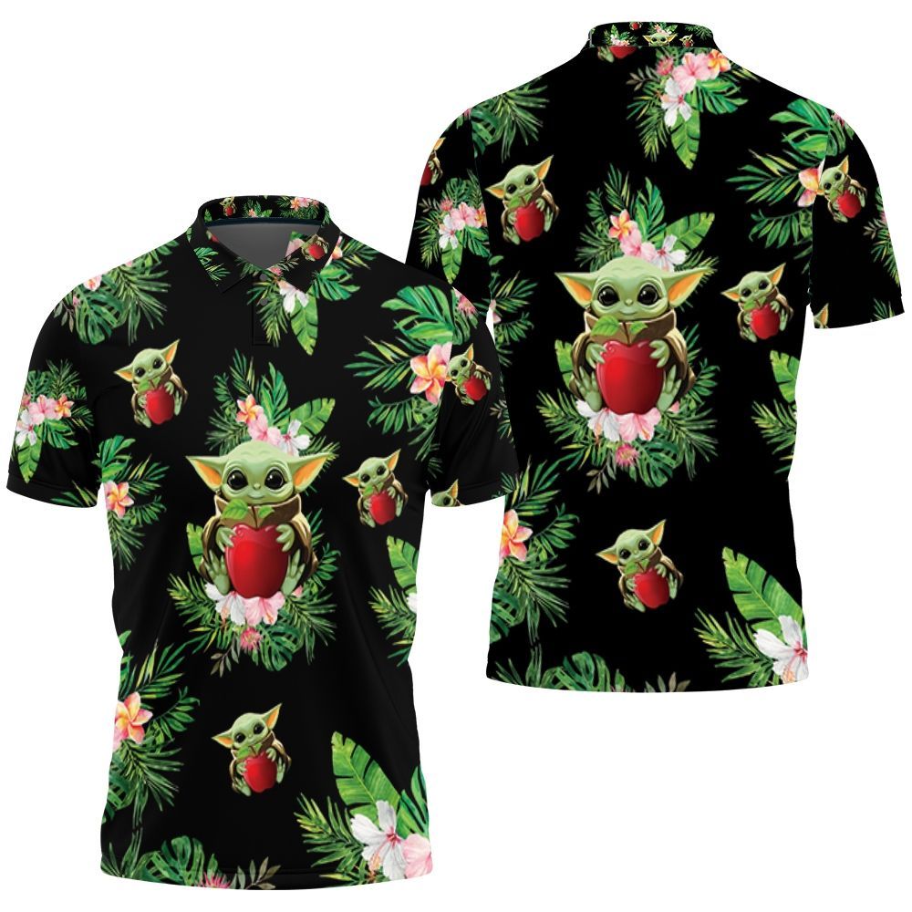Baby Yoda Hugging Apples Seamless Tropical Green Leaves On Black Polo Shirt Baby Yoda Hugging Apples Seamless Tropical Green Leaves On Black Polo Shirt