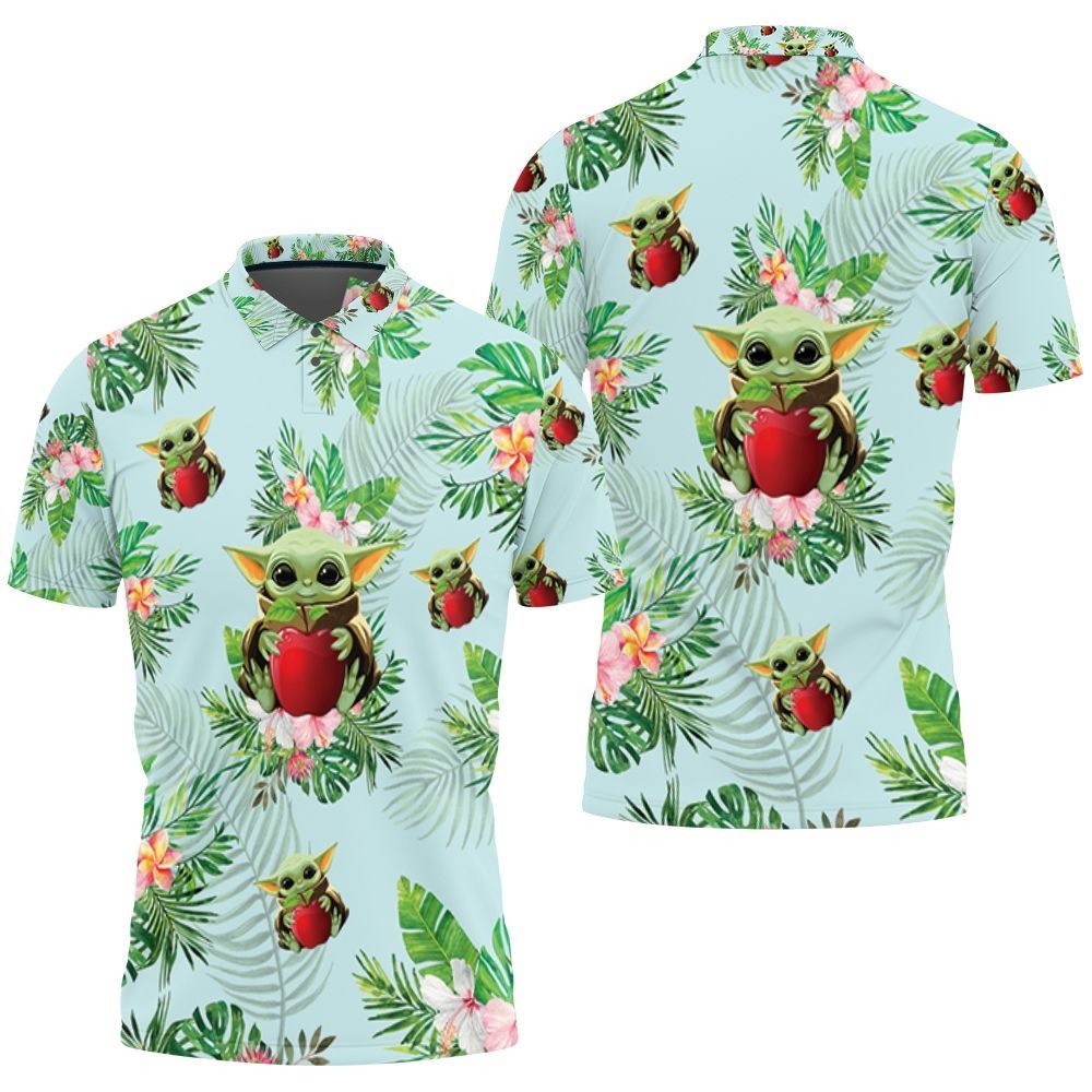 Baby Yoda Hugging Apples Seamless Tropical Green Leaves On Green Polo Shirt Baby Yoda Hugging Apples Seamless Tropical Green Leaves On Green Polo Shirt