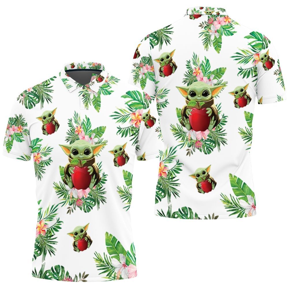Baby Yoda Hugging Apples Seamless Tropical Leaves Colorful Flowers On White Polo Shirt Baby Yoda Hugging Apples Seamless Tropical Leaves Colorful Flowers On White Polo Shirt