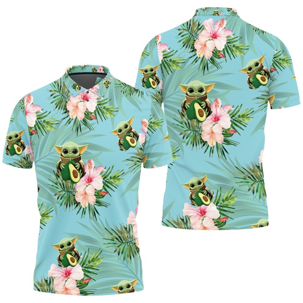 Baby Yoda Hugging Avocadoes Seamless Tropical Colorful Flowers On Teal Polo Shirt Baby Yoda Hugging Avocadoes Seamless Tropical Colorful Flowers On Teal Polo Shirt