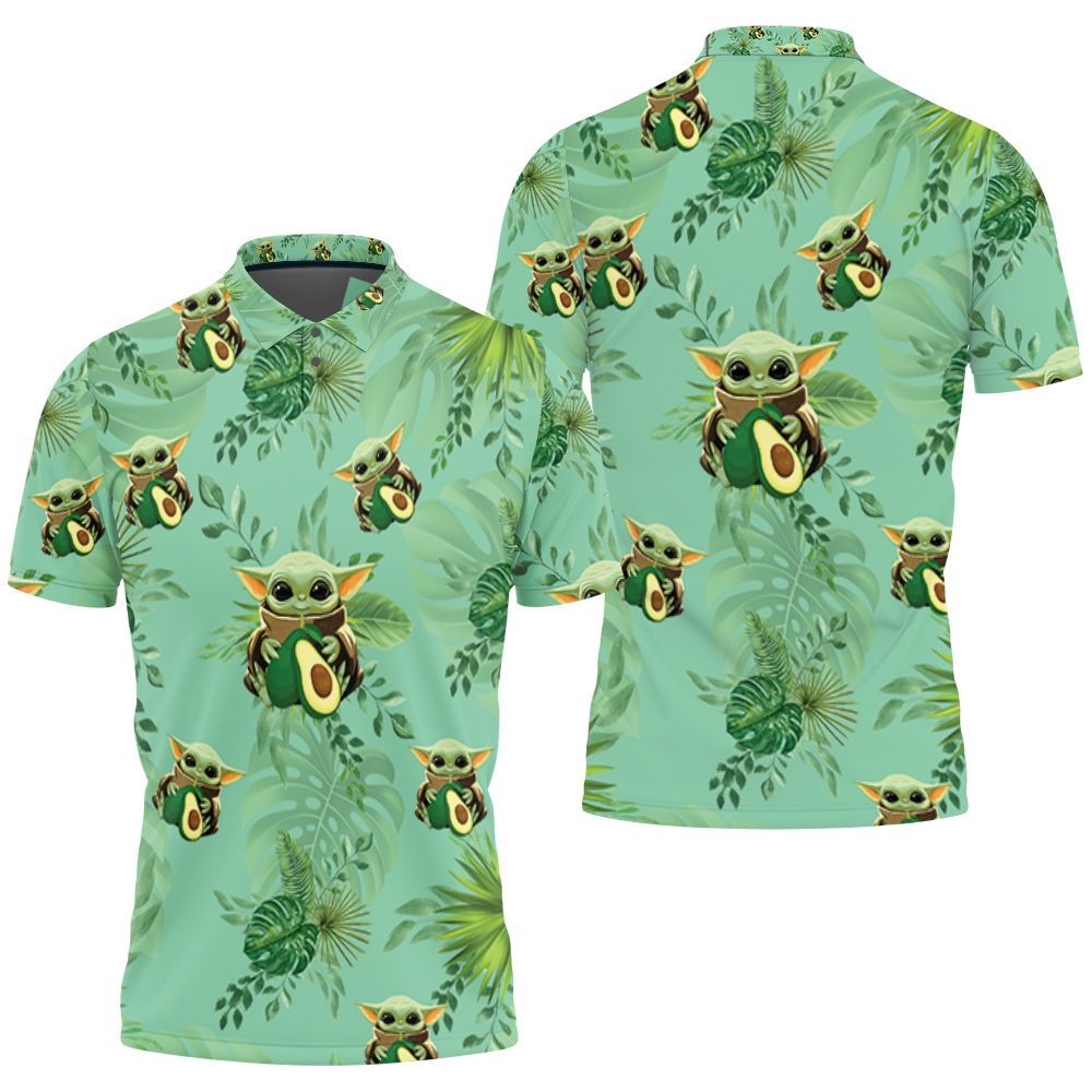 Baby Yoda Hugging Avocadoes Seamless Tropical Green Leaves On Green Polo Shirt Baby Yoda Hugging Avocadoes Seamless Tropical Green Leaves On Green Polo Shirt
