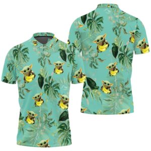 Baby Yoda Hugging Bananas Seamless Tropical Green Leaves On Green Polo Shirt