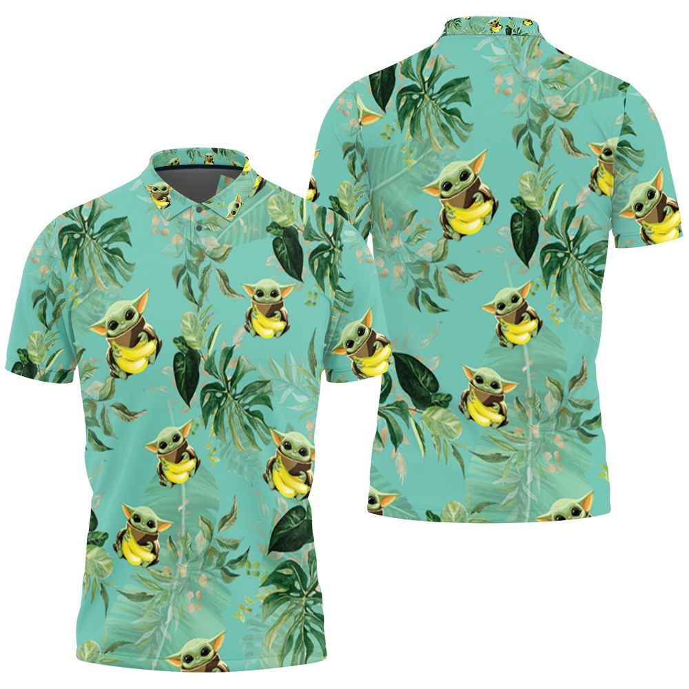 Baby Yoda Hugging Bananas Seamless Tropical Green Leaves On Green Polo Shirt Baby Yoda Hugging Bananas Seamless Tropical Green Leaves On Green Polo Shirt