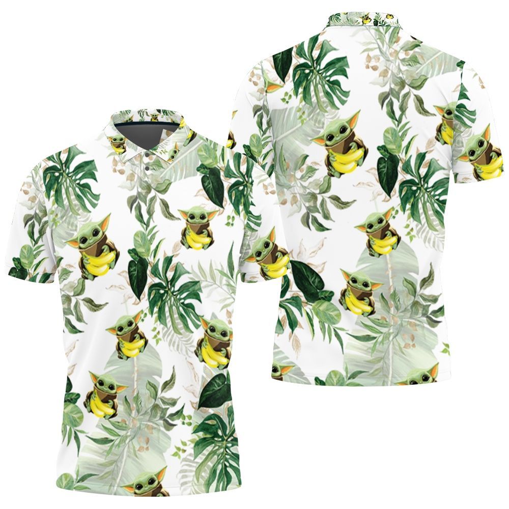 Baby Yoda Hugging Bananas Seamless Tropical Green Leaves On White Polo shirt Baby Yoda Hugging Bananas Seamless Tropical Green Leaves On White Polo shirt