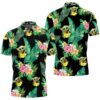 Baby Yoda Hugging Bananas Seamless Tropical Leaves Colorful Flowers On Black Polo Shirt