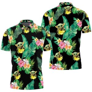 Baby Yoda Hugging Bananas Seamless Tropical Leaves Colorful Flowers On Black Polo Shirt