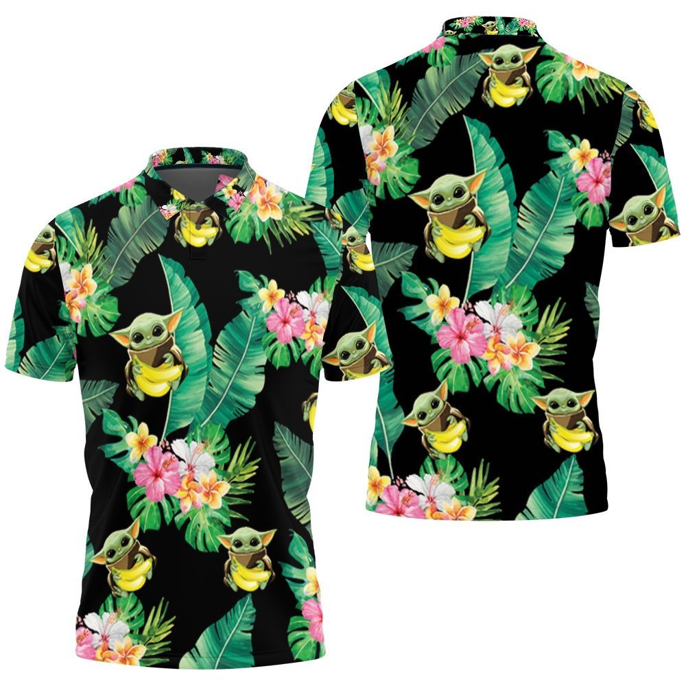 Baby Yoda Hugging Bananas Seamless Tropical Leaves Colorful Flowers On Black Polo Shirt Baby Yoda Hugging Bananas Seamless Tropical Leaves Colorful Flowers On Black Polo Shirt
