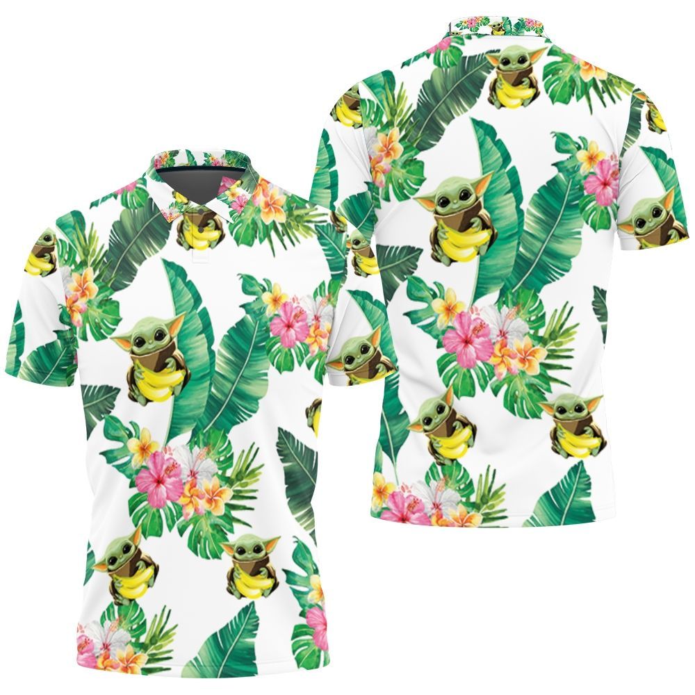 Baby Yoda Hugging Bananas Seamless Tropical Leaves Colorful Flowers On White Polo Shirt Baby Yoda Hugging Bananas Seamless Tropical Leaves Colorful Flowers On White Polo Shirt