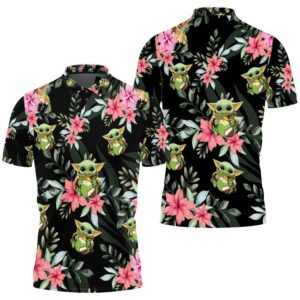 Baby Yoda Hugging Coconuts Seamless Tropical Colorful Flowers On Black Polo Shirt
