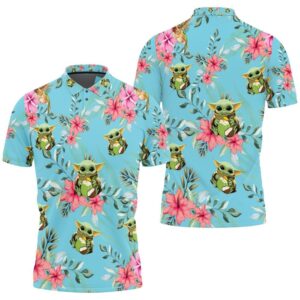 Baby Yoda Hugging Coconuts Seamless Tropical Colorful Flowers On Teal Polo Shirt