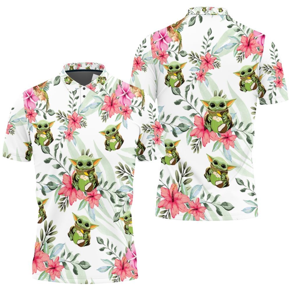 Baby Yoda Hugging Coconuts Seamless Tropical Colorful Flowers On White Polo Shirt Baby Yoda Hugging Coconuts Seamless Tropical Colorful Flowers On White Polo Shirt