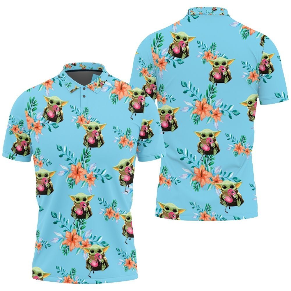 Baby Yoda Hugging Flamingos Seamless Tropical Colorful Flowers On Teal Polo shirt Baby Yoda Hugging Flamingos Seamless Tropical Colorful Flowers On Teal Polo shirt