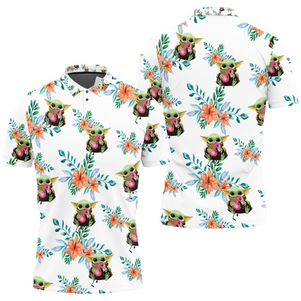 Baby Yoda Hugging Flamingos Seamless Tropical Colorful Flowers On White Polo Shirt Baby Yoda Hugging Flamingos Seamless Tropical Colorful Flowers On White Polo Shirt
