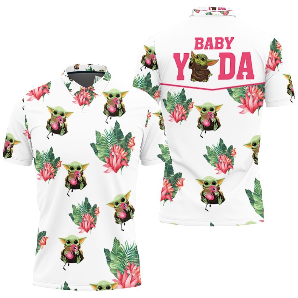 Baby Yoda Hugging Flamingos Seamless Tropical Leaves Lotuses On Black Polo Shirt Baby Yoda Hugging Flamingos Seamless Tropical Leaves Lotuses On Black Polo Shirt