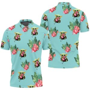 Baby Yoda Hugging Flamingos Seamless Tropical Leaves Lotuses On Teal Polo shirt
