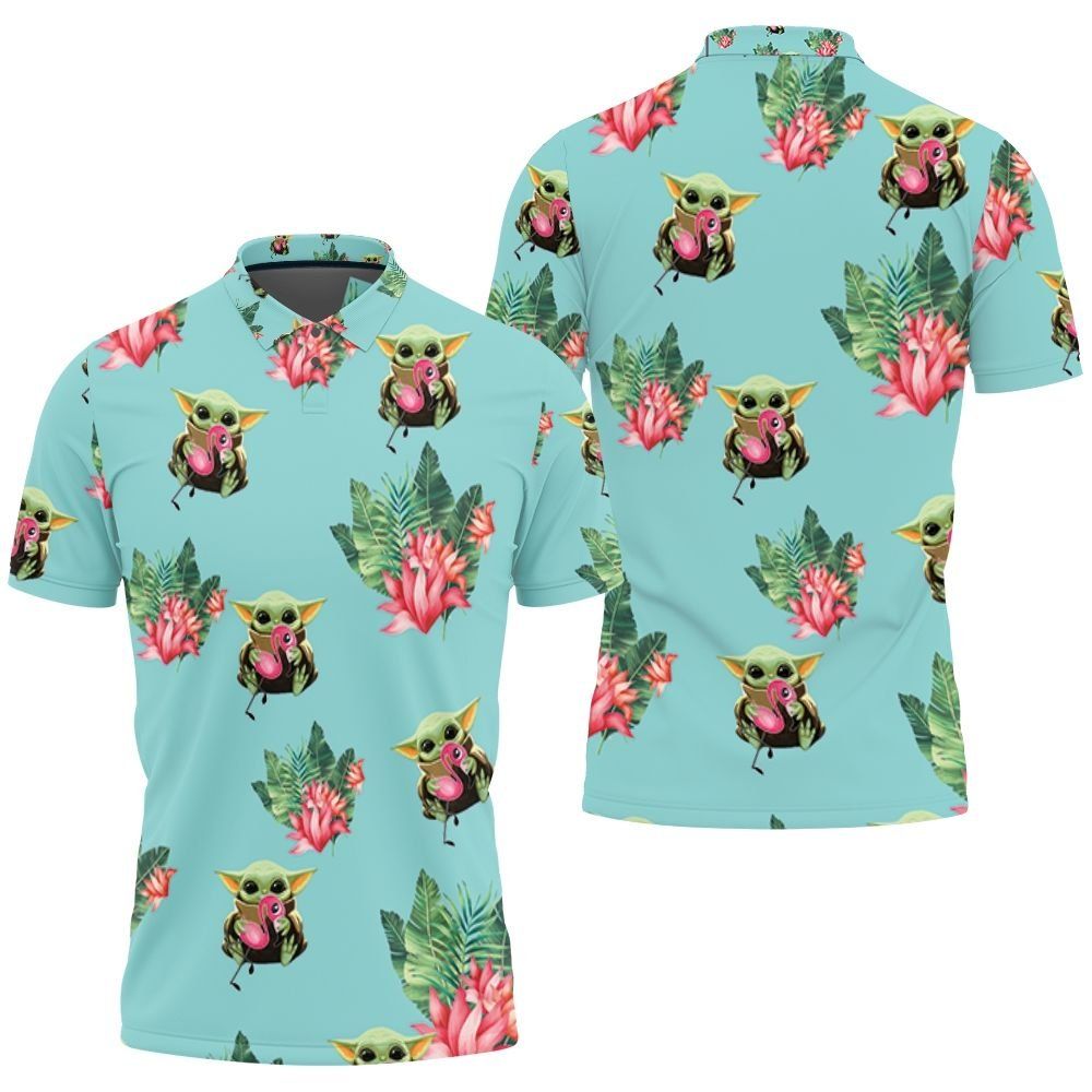 Baby Yoda Hugging Flamingos Seamless Tropical Leaves Lotuses On Teal Polo shirt Baby Yoda Hugging Flamingos Seamless Tropical Leaves Lotuses On Teal Polo shirt