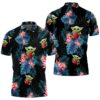 Baby Yoda Hugging Grapes Seamless Tropical Blue Leaves On Black Polo Shirt