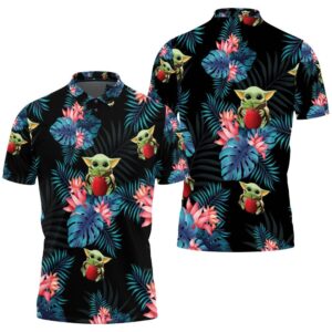 Baby Yoda Hugging Grapes Seamless Tropical Blue Leaves On Black Polo Shirt