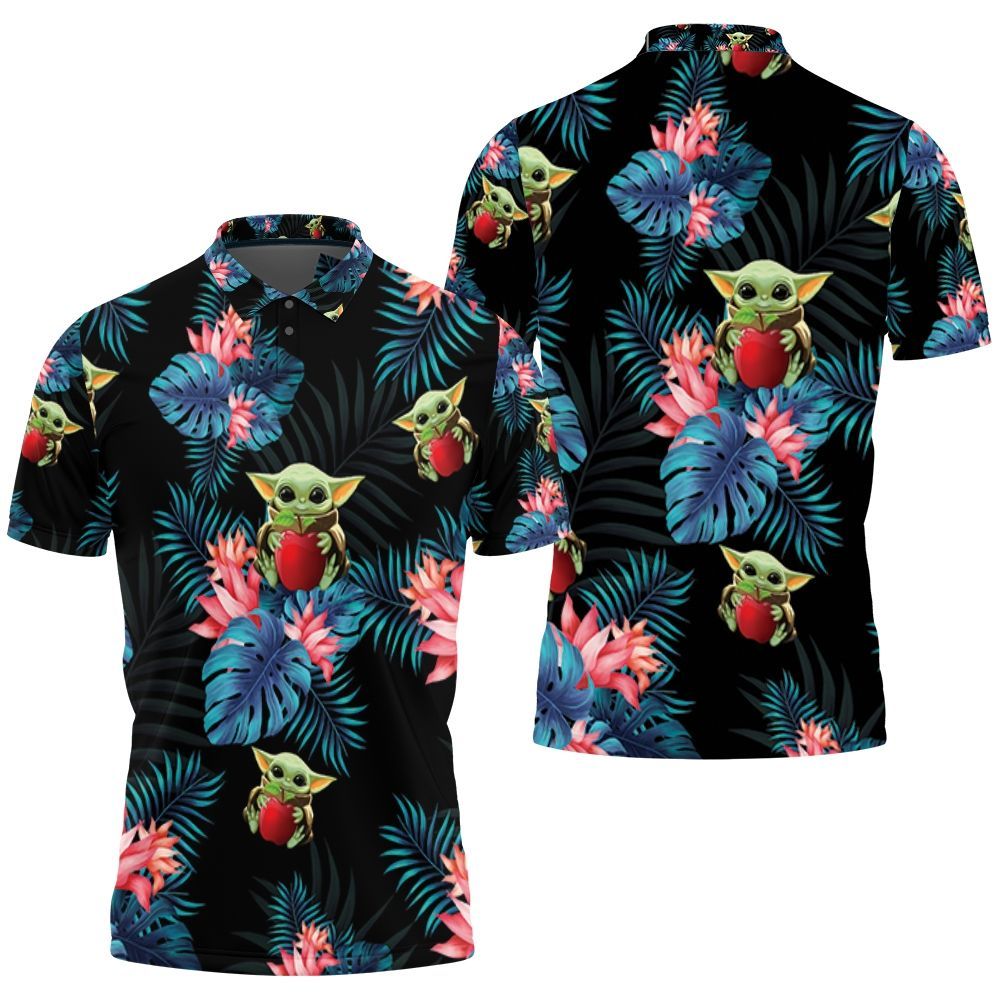 Baby Yoda Hugging Grapes Seamless Tropical Blue Leaves On Black Polo Shirt Baby Yoda Hugging Grapes Seamless Tropical Blue Leaves On Black Polo Shirt