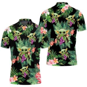 Baby Yoda Hugging Grapes Seamless Tropical Leaves Colorful Flowers On Black Polo Shirt