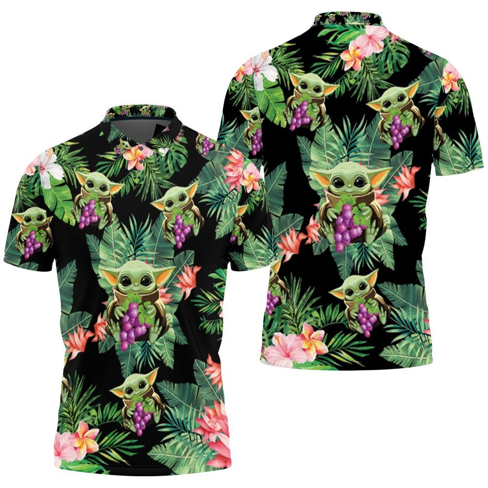 Baby Yoda Hugging Grapes Seamless Tropical Leaves Colorful Flowers On Black Polo Shirt Baby Yoda Hugging Grapes Seamless Tropical Leaves Colorful Flowers On Black Polo Shirt